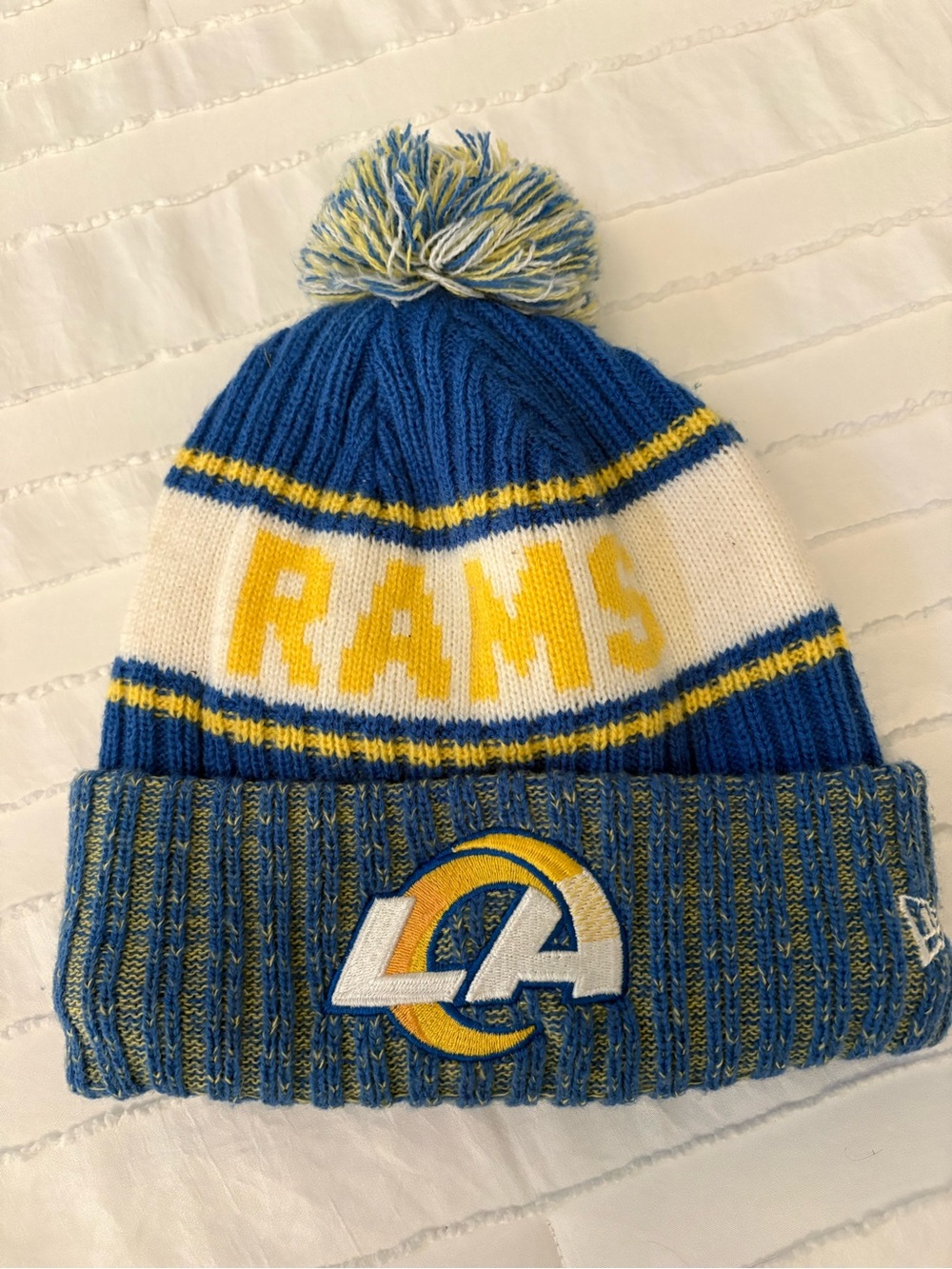 New Era Kids LA Rams Pom Knit Beanie in Royal Blue, White & Yellow